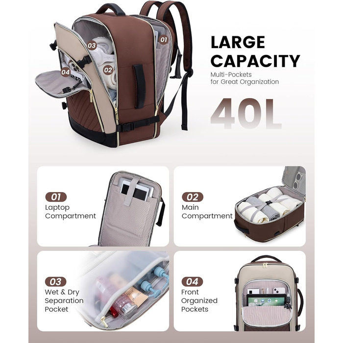 LOVEVOOK Рюкзак для ручної поклажі 40L, жіночий, для подорожей, великий, сумка-рюкзак для ручної поклажі в літак, для ноутбука, водонепроникний, рюкзак для подорожей, з косметичкою, сумка Weekender для подорожей, ділових поїздок (17.3 дюймів, Коричневий, 