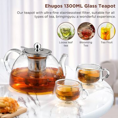 Чайник Ehugos, чайник з товстого скла об'ємом 1500 мл, чайник з боросилікатного скла з ситечком з нержавіючої сталі