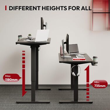 Регульований стіл Sanodesk 110x54 см - компактний стоячий стіл з аксесуарами, для маленьких приміщень, з антиколізійним захистом (білий). Також доступний розмір 140x60 см (чорний)