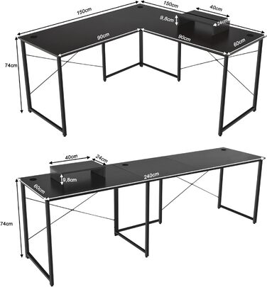COSTWAY L-подібний кутовий стіл, геймінговий та офісний, 150 x 150 x 74 см (Чорний)