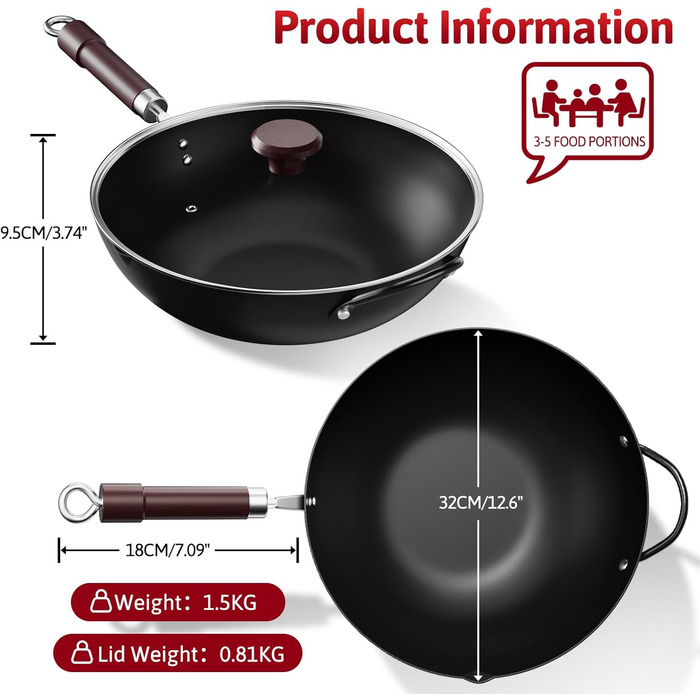 Вок Jobin 32 см з вуглецевої сталі з кришкою, дерев'яним та сталевим ручками, для приготування азійських страв (3-5 осіб), сумісний з Induktion, електро та газовими плитами - Чорний