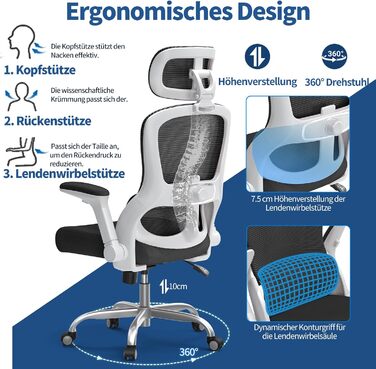Офісне крісло TRALT Ergonomiczne - ігрове крісло з регульованою підголівником та підтримкою попереку, для дому та офісу, комп'ютерне крісло для великих людей, сітчасте крісло, 150 кг (білий, чорний)