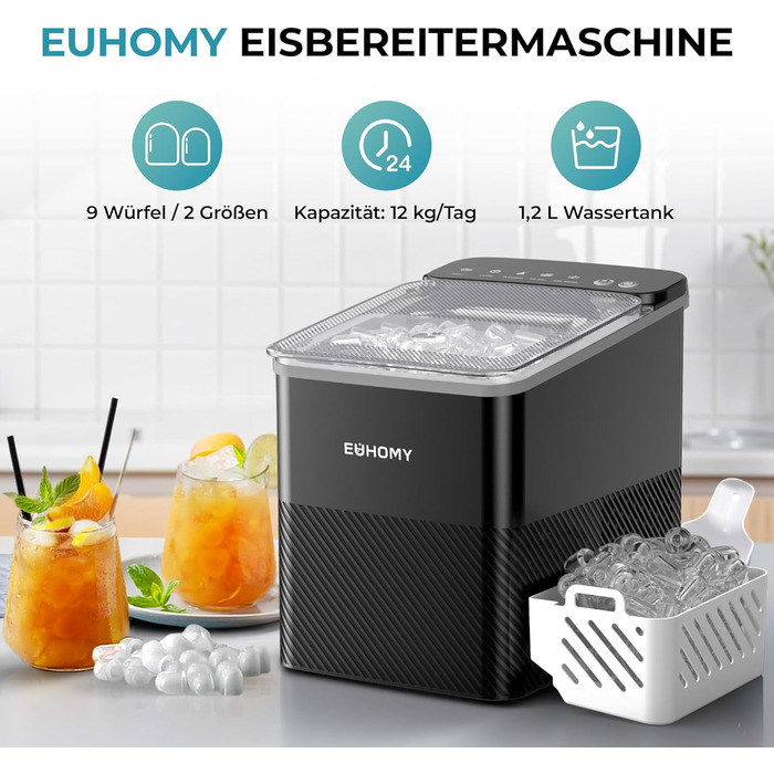 Машина для приготування льоду EUHOMY, компактний дизайн, однокнопкове керування, 9 кубиків льоду у 2 розмірах, автоматичне очищення, інтелектуальні сповіщення, прозорий кришка, чорний колір, для офісу/кухні/спальні, продуктивність 12 кг/24 год