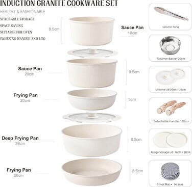 Набір каструль та сковорідок RIOVARM з індукційним дном та знімними ручками, антипригарне гранітне покриття, 16 предметів. Без PFOA.