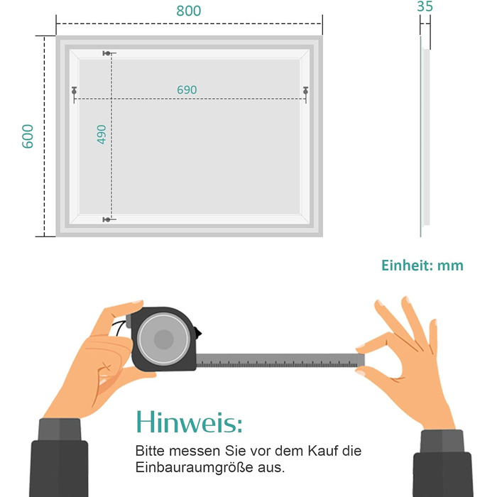 Дзеркало для ванної кімнати EMKE з підсвічуванням 80x60 см, LED, з датчиком руху, сенсорне, проти запотівання, 3 кольори світла, регулювання яскравості, таймер 1 год, IP44, енергозберігаюче