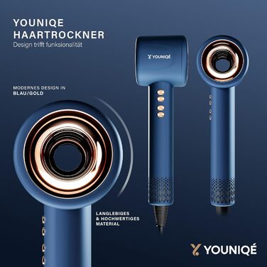 Мультифункціональний фен для волосся 5-в-1 з іонною технологією, набір насадок (локони, випрямлення, дифузор, концентратор), 1600W, LED-дисплей, 4 режими температури, магнітні насадки, Блакитний/Золотий