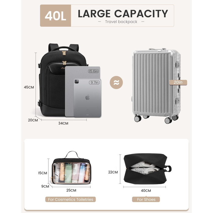 Чорний жіночий рюкзак OVEVOOK для подорожей та ділових поїздок, 40л, водонепроникний, з органайзером для взуття