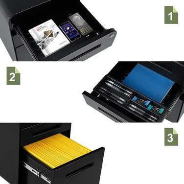 Роликовий контейнер DeHong з металу, мобільний офісний шафчик з 3 висувними ящиками, офісний контейнер, з можливістю замка та регульованих папок, збірно-розбірний, для офісу, дому, чорний