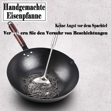 LIYGAOF Вок з кришкою 32 см з чавуну: Вок для всіх типів плит, кована чавунна сковорода, без хімічного покриття, легко миється