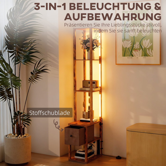 Світлодіодна настільна лампа з полицями, регульована яскравість, вимикач на нозі для спальні, рустикальний коричневий