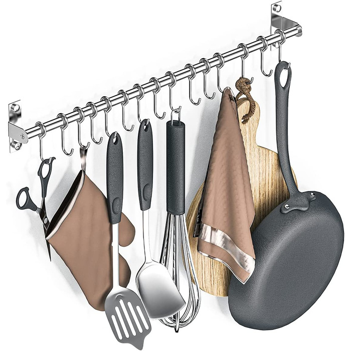 Кухонні поручні Booxihome з нержавіючої сталі, підвісна планка для кухонного начиння, тримач для посуду з нержавіючої сталі, тримач для чашок з 15 гачками для