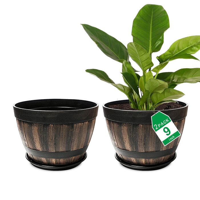 Набір горщиків для квітів Plant Planters Pots: 2 шт., 23 см, пластик, з дренажем та піддоном. Горщики у вигляді бочок для дому, саду та вулиці