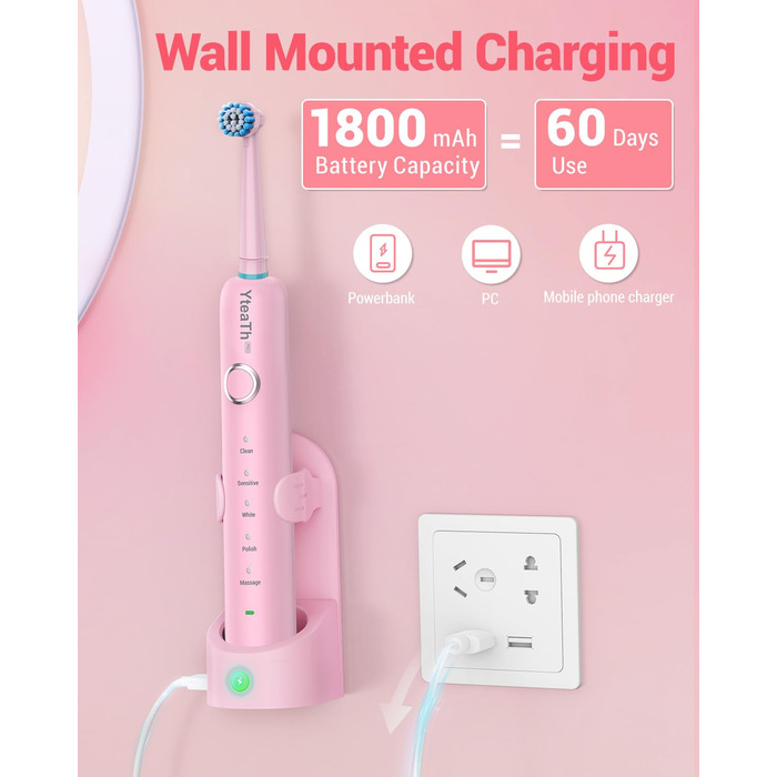 Електрична зубна щітка ротаційного типу для дорослих та дітей з 8 насадок, зарядний пристрій з підставкою на стіну, 5 режимів чищення та дорожній футляр, 60 днів роботи від акумулятора (рожевий)