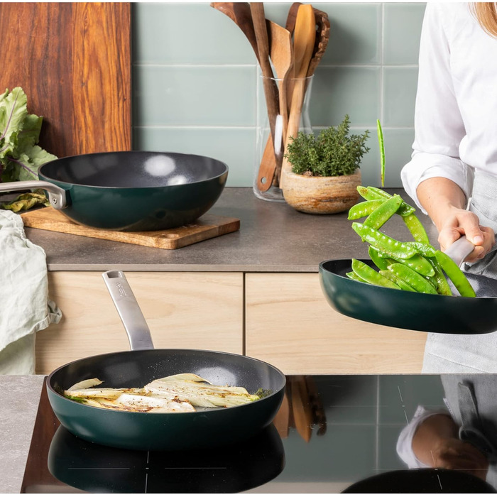 GreenPan Evolution сковорода (28 см), керамічне антипригарне покриття, індукційна, для посудомийної машини, жаростійка, колір: Tannengrün