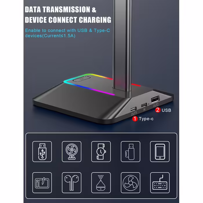 Підставка для навушників New Bee з RGB підсвіткою, USB Type-C зарядкою та передачею даних, універсальний тримач для геймерських навушників, чорний