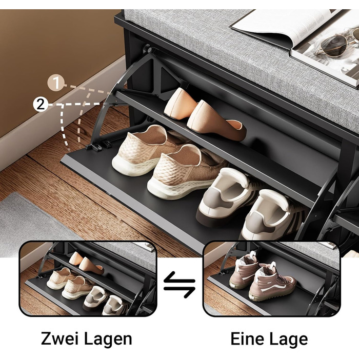 Взуттєва шафа SoBuy з 2 відкидними кришками, вузька, з 4 полицями, біла, 61x100x26 см, FSR165-W (з лавкою, чорна)