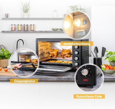 Міні-піч TZS First Austria 60L 2000W з регулюванням температури до 230°C, 6 режимів, таймер на 60 хв, 4 рівні встановлення, дека, решітка-гриль та вертулка
