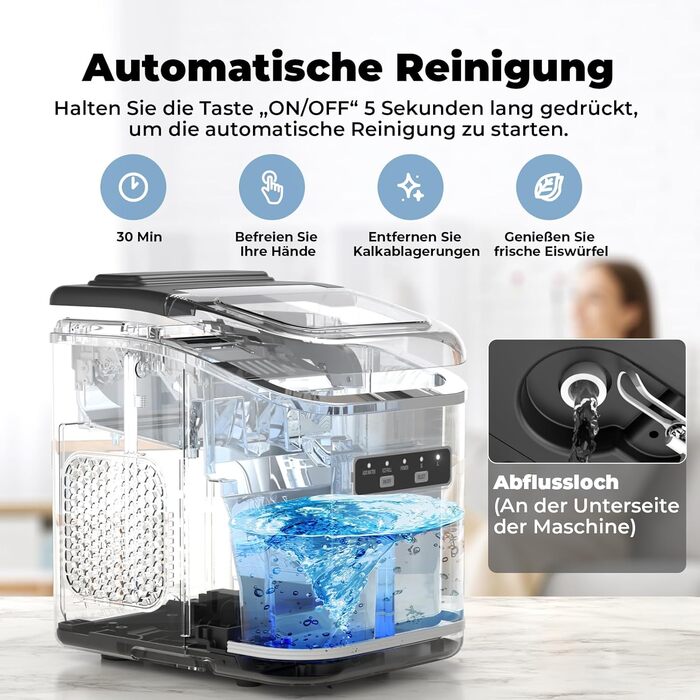 Машина для приготування льоду Acmeenjoy - компактна модель для кухні, офісу, бару та вечірок. Виготовляє 9 кубиків льоду за 6-8 хвилин, 12 кг за 24 години. Функція самоочищення.
