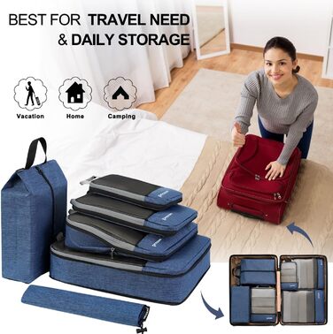 Набір компресійних органайзерів для одягу в дорогу (6 шт.), стискаючі пакувальні куби для валізи та рюкзака, темно-синій