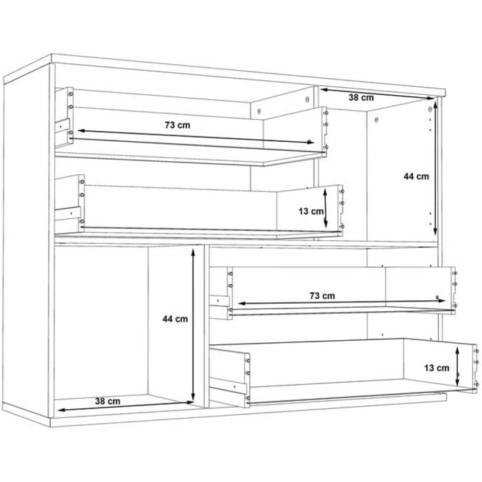 Комод FORTE Skive, 2 дверцята, 4 шухляди, дуб пісок/білий, 124,9x41,3x95,9 см, вид дуб/бетон