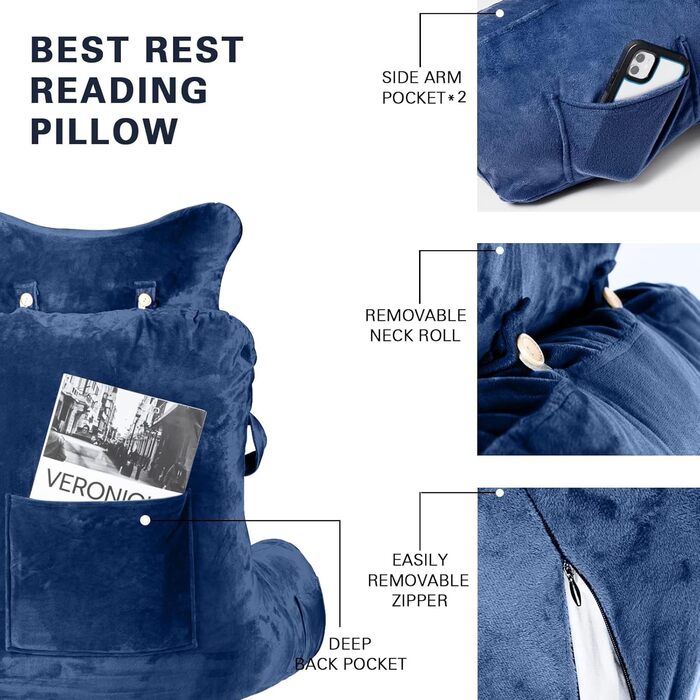 Підголовник для ліжка Lesekissen з знімною подушкою для шиї та вищим підлокітником для сидіння в ліжку, на дивані або на підлозі - спинка для читання, подушка для спини для дорослих для читання, перегляду телевізора, світло-сіра (блакитна, середня)