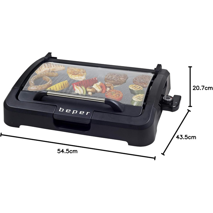 Електрогриль BEPER 90.871 з кришкою, антипригарна поверхня, нержавіюча сталь, 2200 Вт, чорний