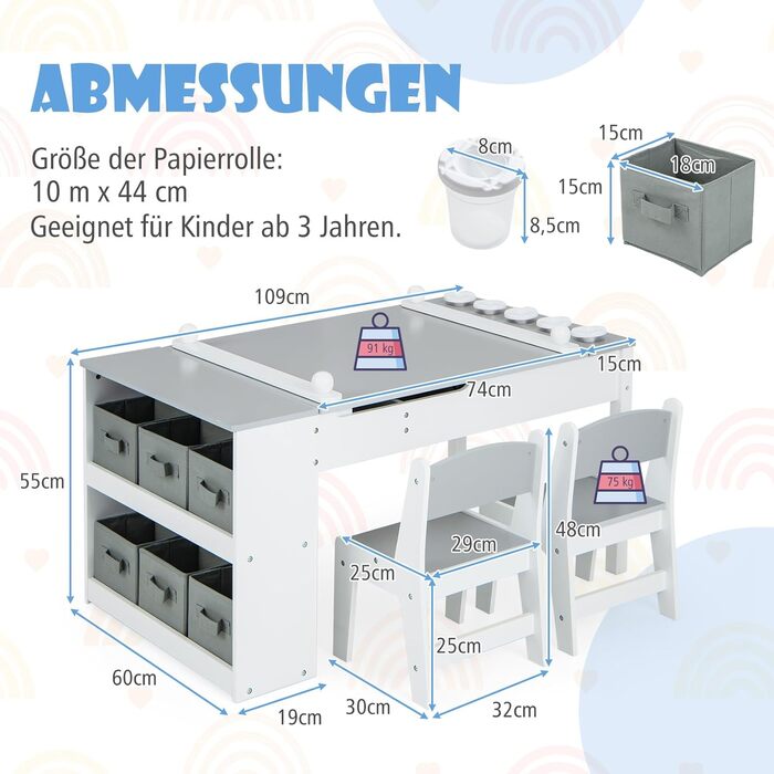 Дитячий стіл COSTWAY 3 в 1 з 2 стільцями, активний стіл-мольберт з підйомною стільницею, набір кольорів, 6 тканинних контейнерів та рулон паперу, сірий, 109x60x55 см