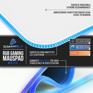 Кисмет TITANWOLF XXXL RGB килимок для миші – 1200 x 600 мм, LED, 7 кольорів, 4 режими, для геймінгу, гумовий, миється (білий)