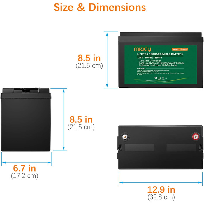 Акумулятор Miady 12V 100Ah LiFePO4 із захистом BMS, 3000 циклів, не потребує обслуговування для сонячної системи, автофургону, човна