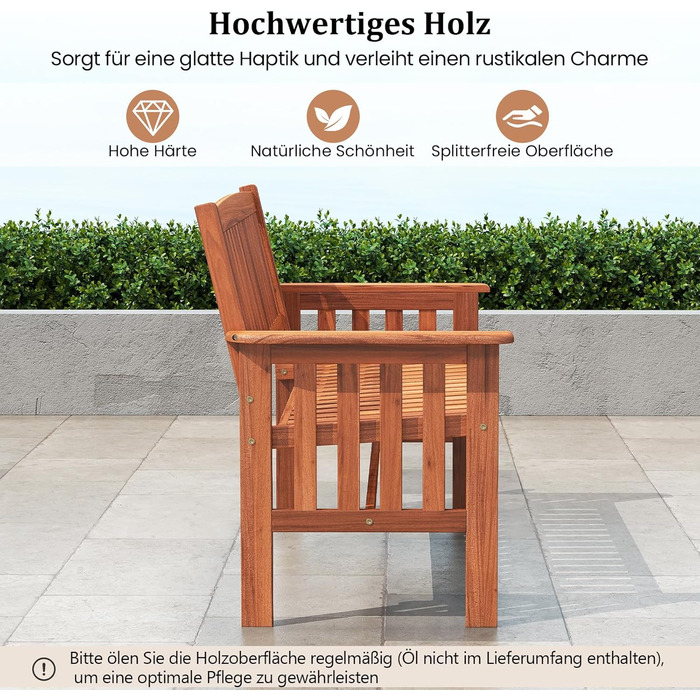 Гарнітура лавки для саду COSTWAY, дерев'яна лавка для балкону та тераси, 2 місця, з підлокітниками, 119 x 59,5 x 89 см