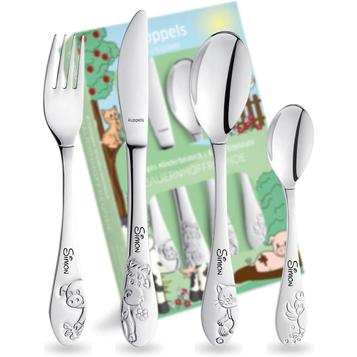 Персоналізований дитячий набір посуду Kinderbesteck Bauernhoffreunde з гравіюванням імені - 4 шт.