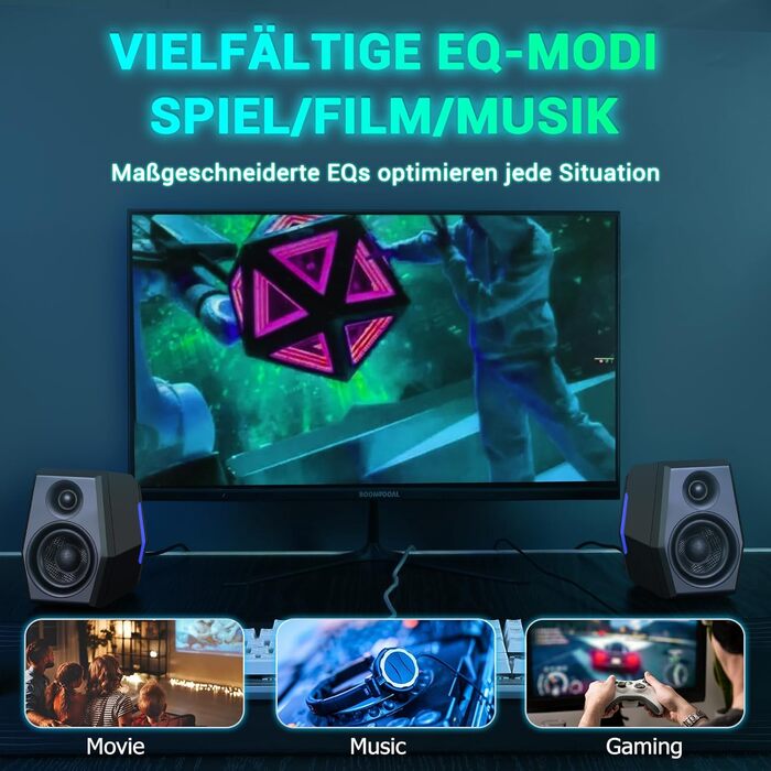 Sanyun SW209 - Комп'ютерні ігрові колонки 36W з RGB-підсвічуванням, Bluetooth 5.2, USB/AUX, 3 режими EQ (Гра/Фільм/Музика)