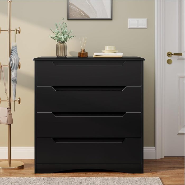 Комод Bealife для спальні: 4 місткі шухляди, витягнуті ручки, захист від перекидання, для вітальні/офісу (чорний)