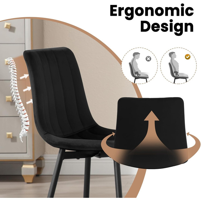 Обідні стільці для вітальні, кухні та спальні. М'які стільці з металевими ніжками та оксамитовим сидінням (Чорний, набір 8 шт.)