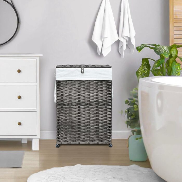 Кошик для білизни 70L з кришкою та колесами, коричневий. 2 мішки для білизни та 3 сітчасті мішки. Складний, ручної роботи, з ротангу.