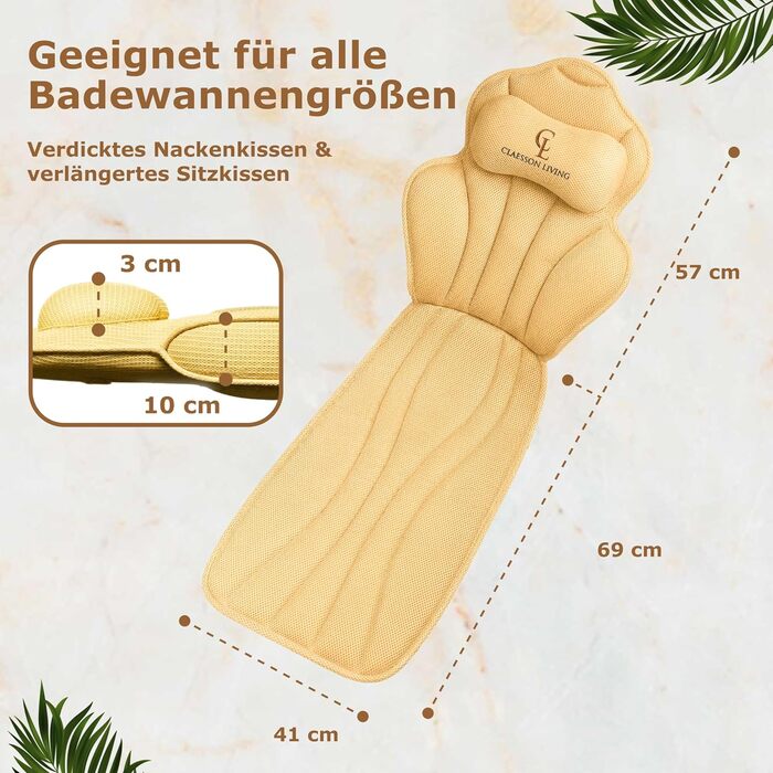 Подушка для ванни повне тіло (152x56 см) з підголівником (11 см) - підтримка шиї, спини та ніг - бежева. З сумкою для прання та подорожей, гачком для сушіння.
