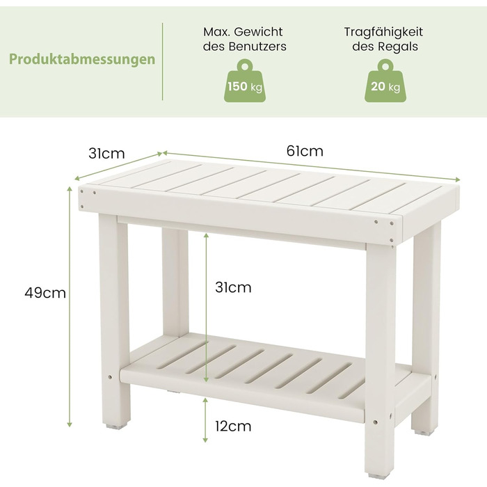 Двомісна лавка для душу Costway з полицею, 150 кг, водонепроникна, коричнево-біла (61x31x49 см)