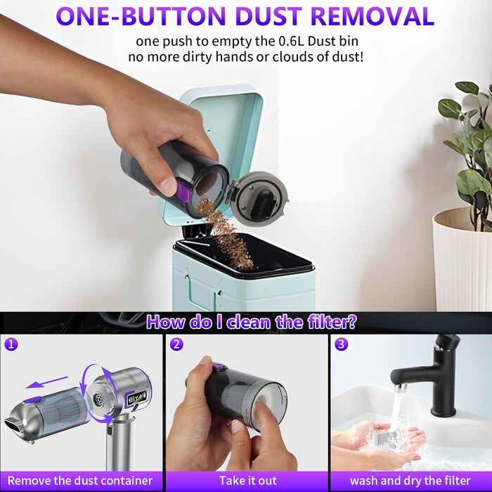 Акумуляторний ручний пилосос для авто та дому 16000Па, портативний міні-пилосос 4-в-1 для диванів, клавіатур, кухні та шерсті тварин