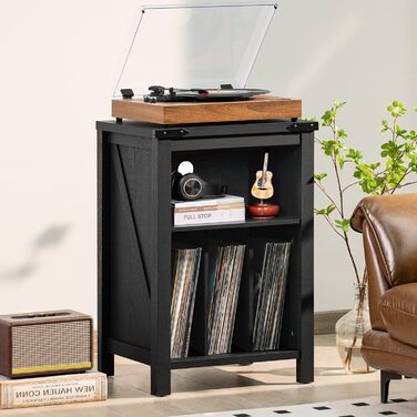 Підставка для програвача вінілу з місцем для платівок, чорна. Місце для 160 платівок. Дерев'яна підставка-шафа для програвача, полиця для вітальні, спальні, офісу