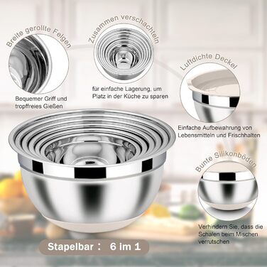 Набір місок Homikit з нержавіючої сталі, 6 шт. з тертками, кришками та силіконовим дном, 4.6/2.8/2.5/1.6/1.2/0.7 л, зелений
