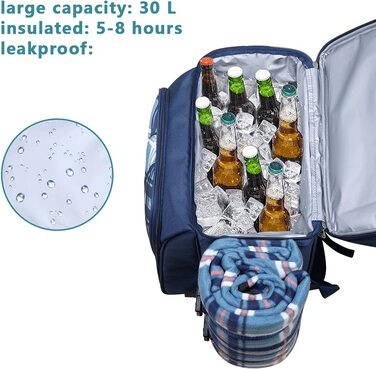 Набір для пікніка Hap Tim на 2 особи з ізольованим холодильником, тримачем для вина, флісовою ковдрою та столовим прибором (EU-36083-BL), світло-блакитний