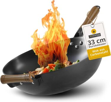 Азіатський вок Ø 33 см - міцний вуглецевий сталевий вок з плоским дном, дерев'яний ручка, підходить для газових, індукційних плит та керамічних поверхонь - не потребує обпалювання для приготування азіатських страв