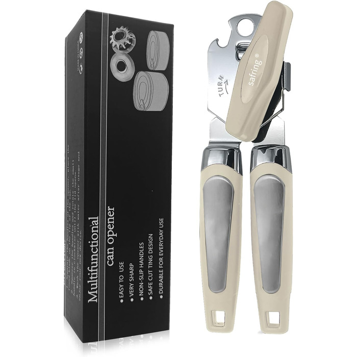 Ручний відкривач консерв з нержавіючої сталі, міцний, з комфортною ручкою та функцією відкривання пляшок, Бежевий