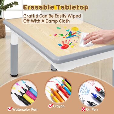 Дитячий стіл зі стільцями (80x60 см), регульована висота, сірий. Ідеально для дитячого садка, ігор, малювання. Легко миється. Комплект для дітей від 2 років.