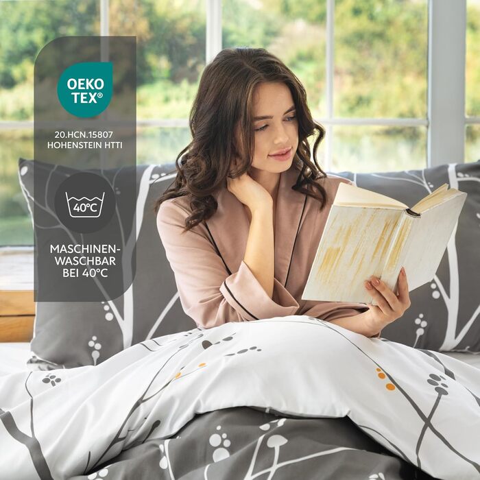 Комплект постільної білизни Dreamzie 200x200 см з 2 наволочками 80x80 см, сірий малюнок гілок - постільна білизна для дорослих 200x200 з 100% мікрофібри, сертифікат Oeko TEX без хімікатів