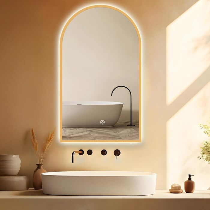 Дзеркало для ванної кімнати овальне з підсвічуванням 75x45 см, LED, сенсорне керування, зміна кольору світла (тепле/холодне/нейтральне), золото