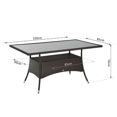 Обідній стіл Outsunny садовий стіл стіл з поліротангового скла 150x85x74 см, безпечне скло коричнево-чорне, ідеально підходить для саду та тераси