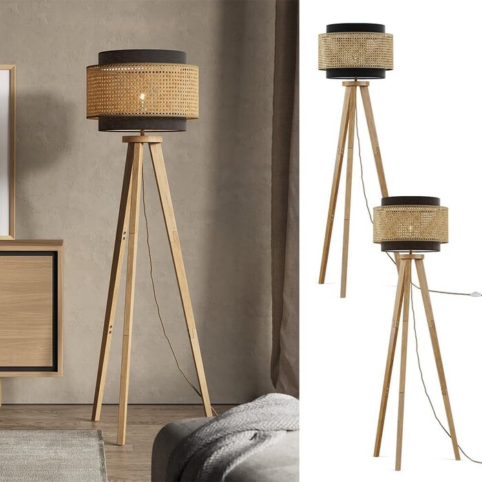 Стійка лампа Vicco Morten з ротангу, 45 см - торшер для читання, чорний