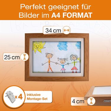 BALA® Преміум рамки для фотографій - 2 шт. A4, для дитячих малюнків, з фронтальною відкриваністю та кріпленням для підвішування/ставлення, 120+ фото, дерево