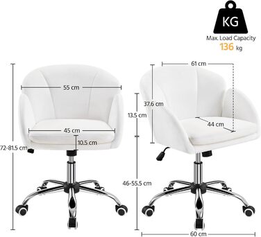 Крісло Yaheetech для дому та офісу: крісло для макіяжу, крісло для робочого столу, регульоване по висоті, поворотне, до 136 кг, з підлокітниками та спинкою, для спальні, офісу, вітальні, біле, велюрове